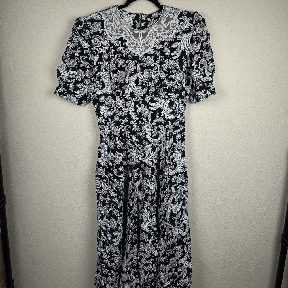 Vtg 80s ED Michaels Floral Short Sleeve Midi Dress Sz 11/12 Cottagecore Pockets